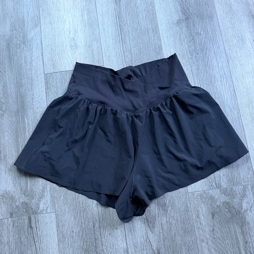 Offline by Aerie Womens L Black Flowy High Waist Shorts Crossover Yoga Gym